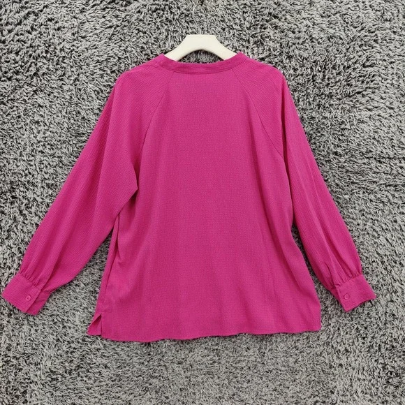 Belle Kim Gravel Womens Gauzy Preppy Lightweight Top L Hot Pink Textured VNeck - Picture 4 of 16